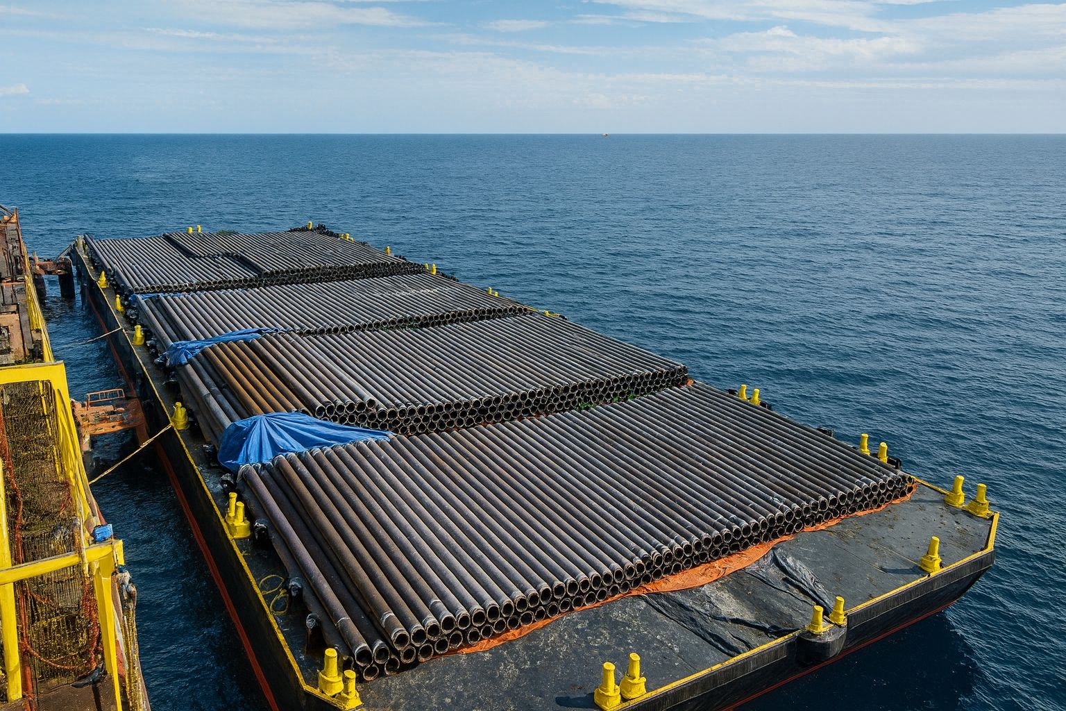 Barge loaded with stacked steel pipes at sea.